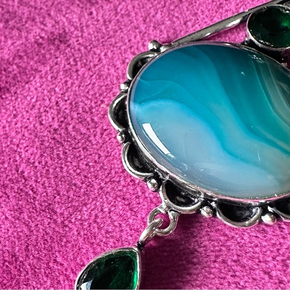 Statement Cray Lace Agate Pendant Necklace Dyed Blue With Crystal Accents - Picture 2 of 7